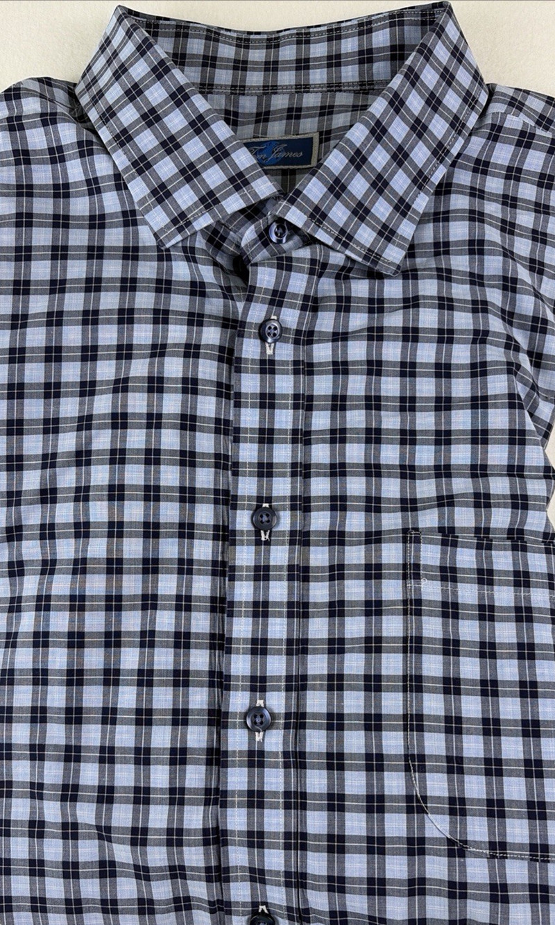 Tom James Dress Shirt Mens - 62 Chest - 30 Length Slate Blue & Black Plaid
